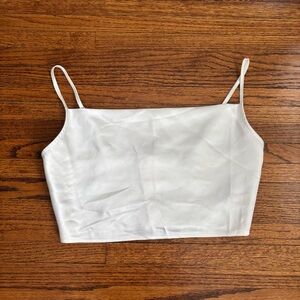 White satin crop top with adjustable straps, size medium